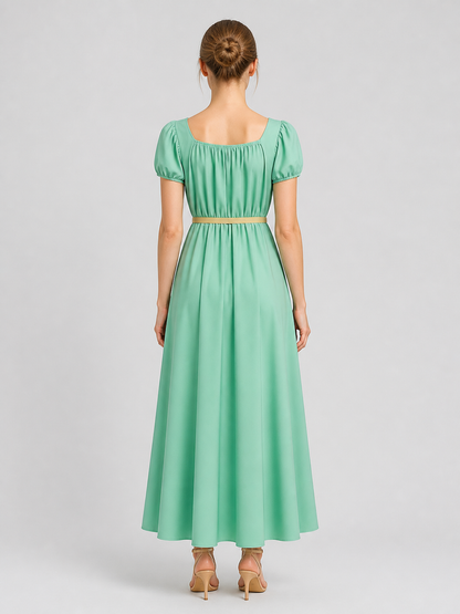 Mint Bridgerton Dress with Puff Sleeves and High Waist back view