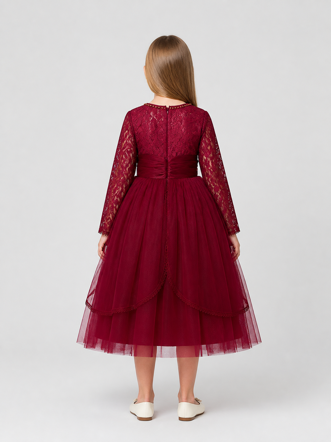 Girls' Burgundy Lace Dress with a Full Skirt back view