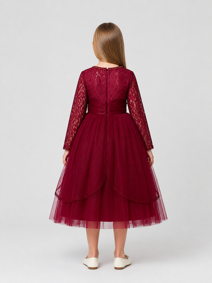Girls' Burgundy Lace Dress with a Full Skirt back view