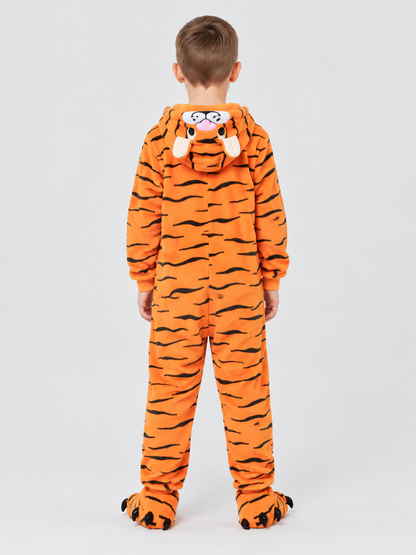 Kids' Pajama Jumpsuit Orange with Tiger Stripes