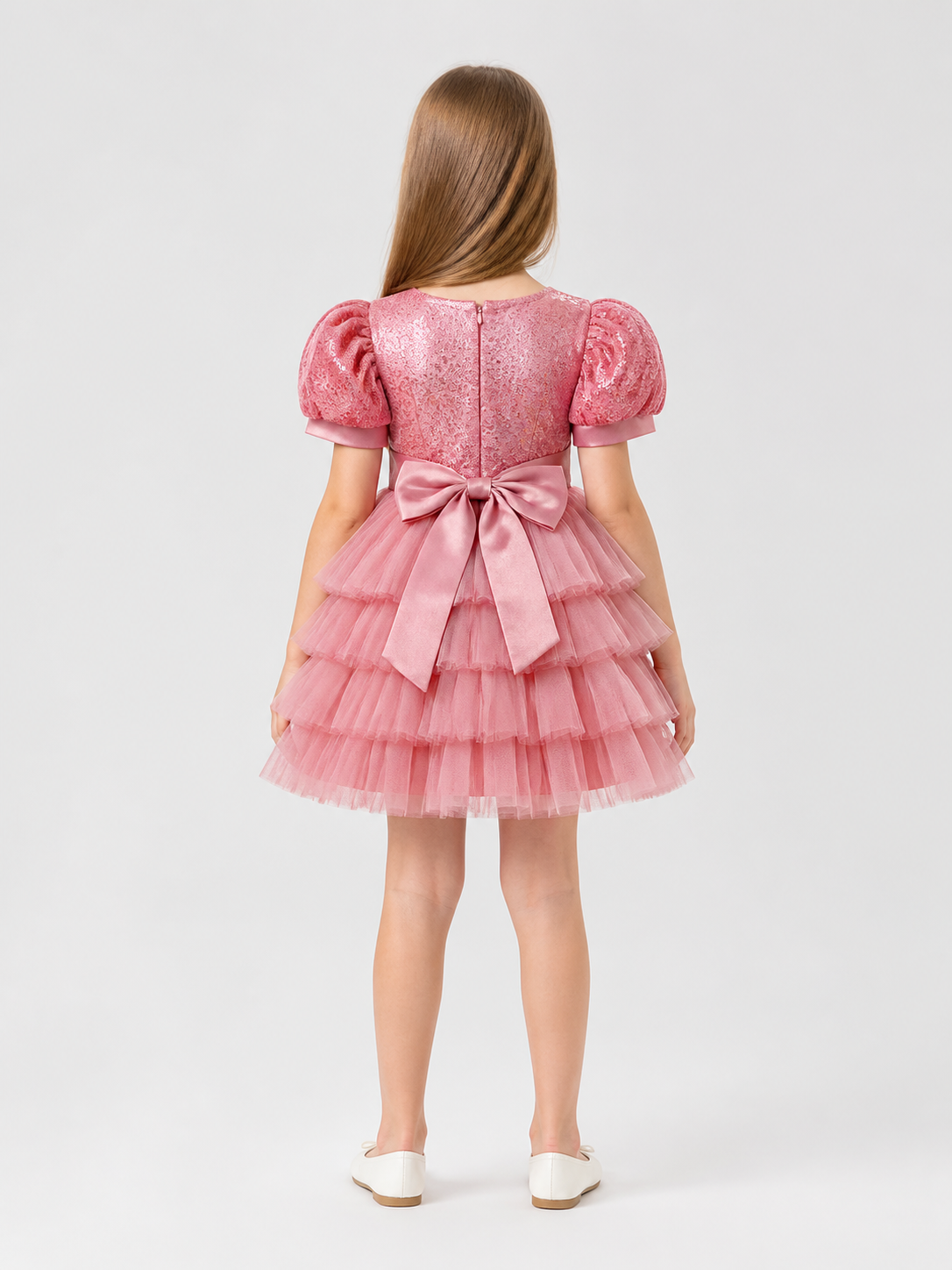 Pink Party Dress with Sequins and a Full Skirt back view