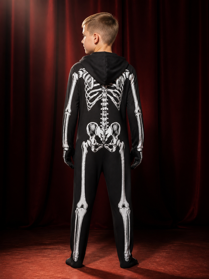 Kids Skeleton Hooded Bodysuit Costume, Black and White Bone Print Halloween back view
