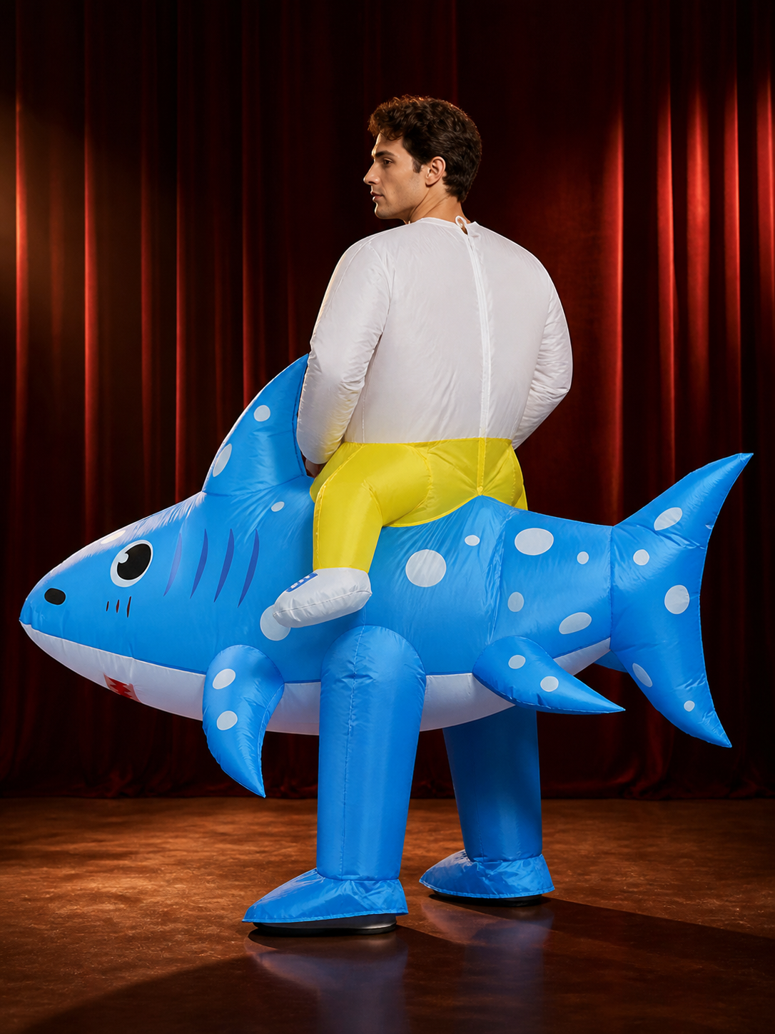 Inflatable Shark Bodysuit Costume with White Dots for Halloween Fun back view