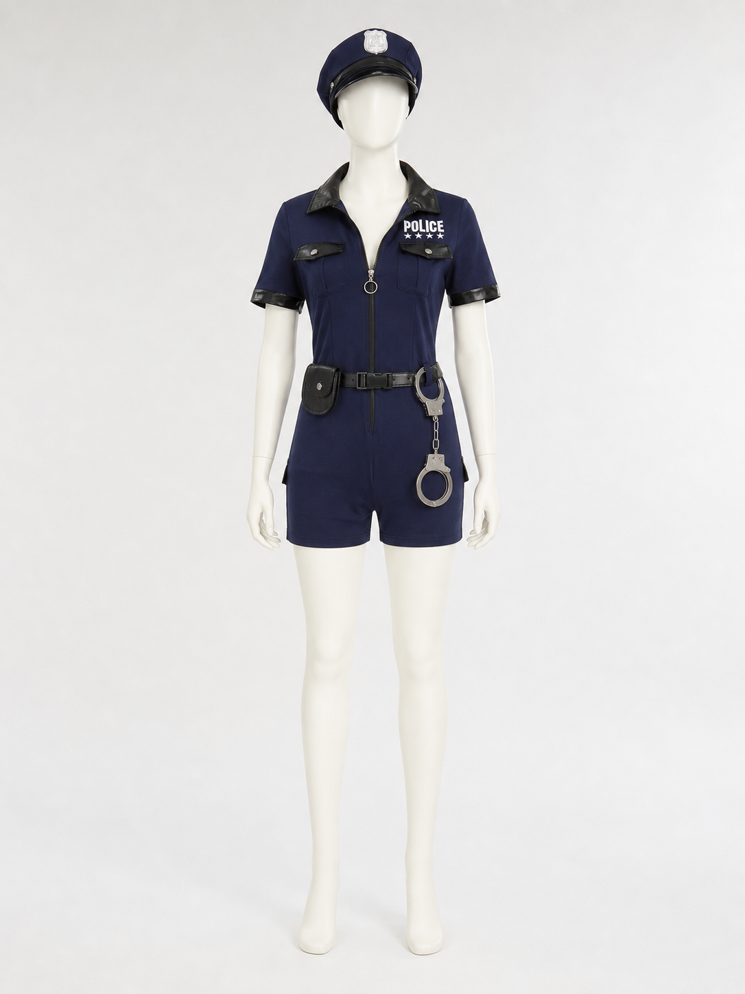 Women's Police Costume Set, Short-Sleeve Jumpsuit with Hat, Belt, Waist Bag and back view