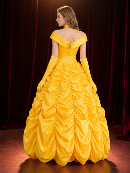Women's Yellow Princess Costume Dress with Off-Shoulder, Ruffled Skirt, Gloves back view