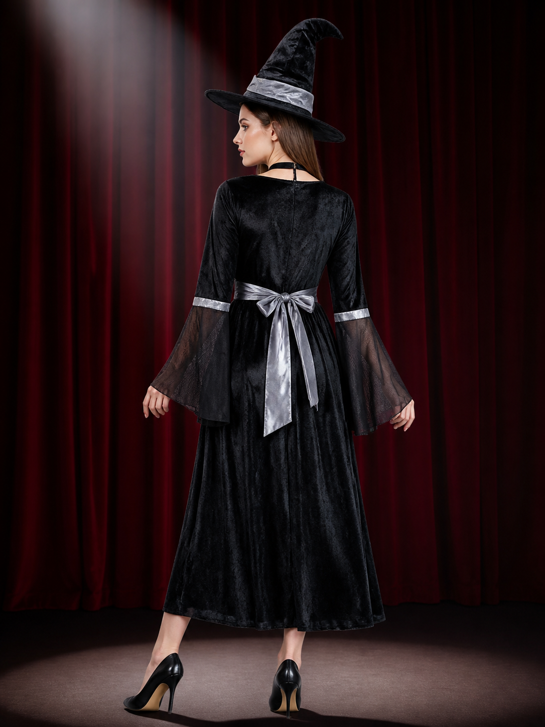 Women's Witch Costume Set - Black Long Dress with Sheer Sleeves, Spiderweb back view
