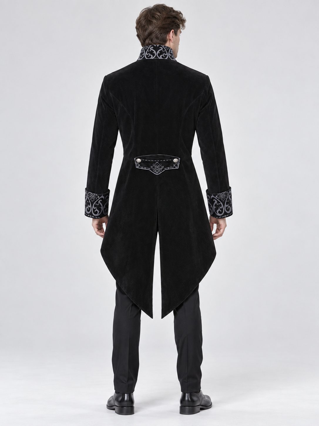 Black tailcoat with a high collar and silver embroidery