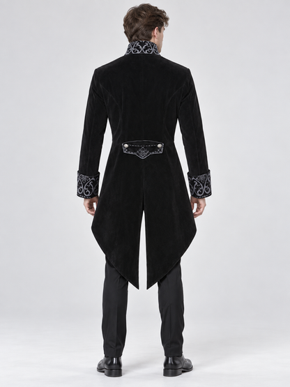 Black tailcoat with a high collar and silver embroidery