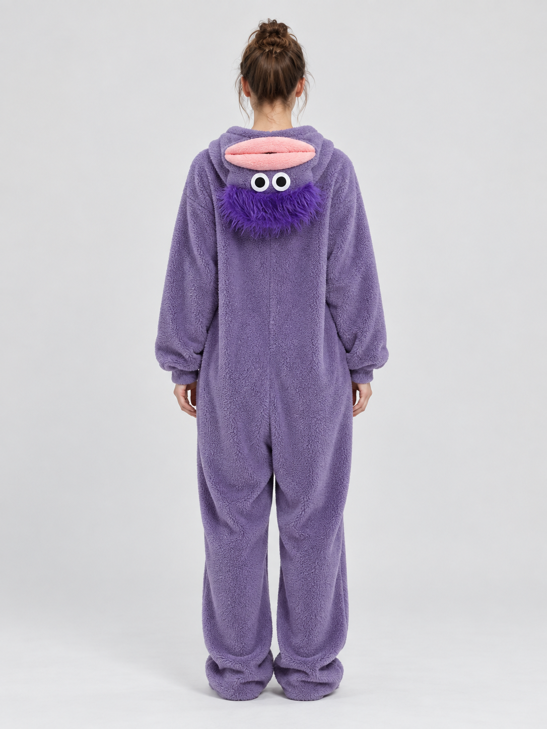 Purple Plush Cartoon Face Pajama Jumpsuit