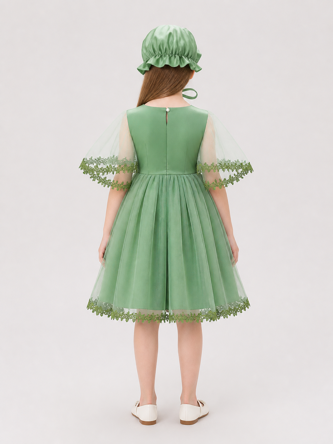 Dress Set with Hat, Green, Tulle back view
