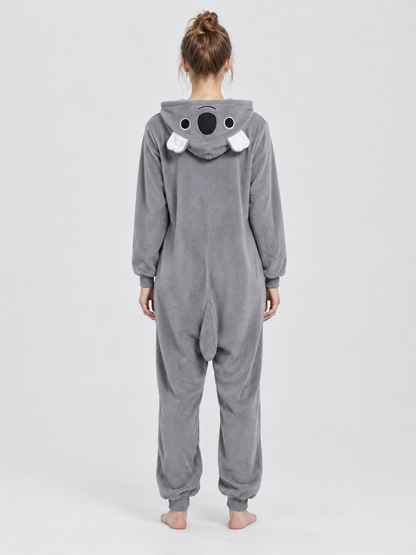 Gray Fleece Hooded Pajama Jumpsuit with Animal Face Hood