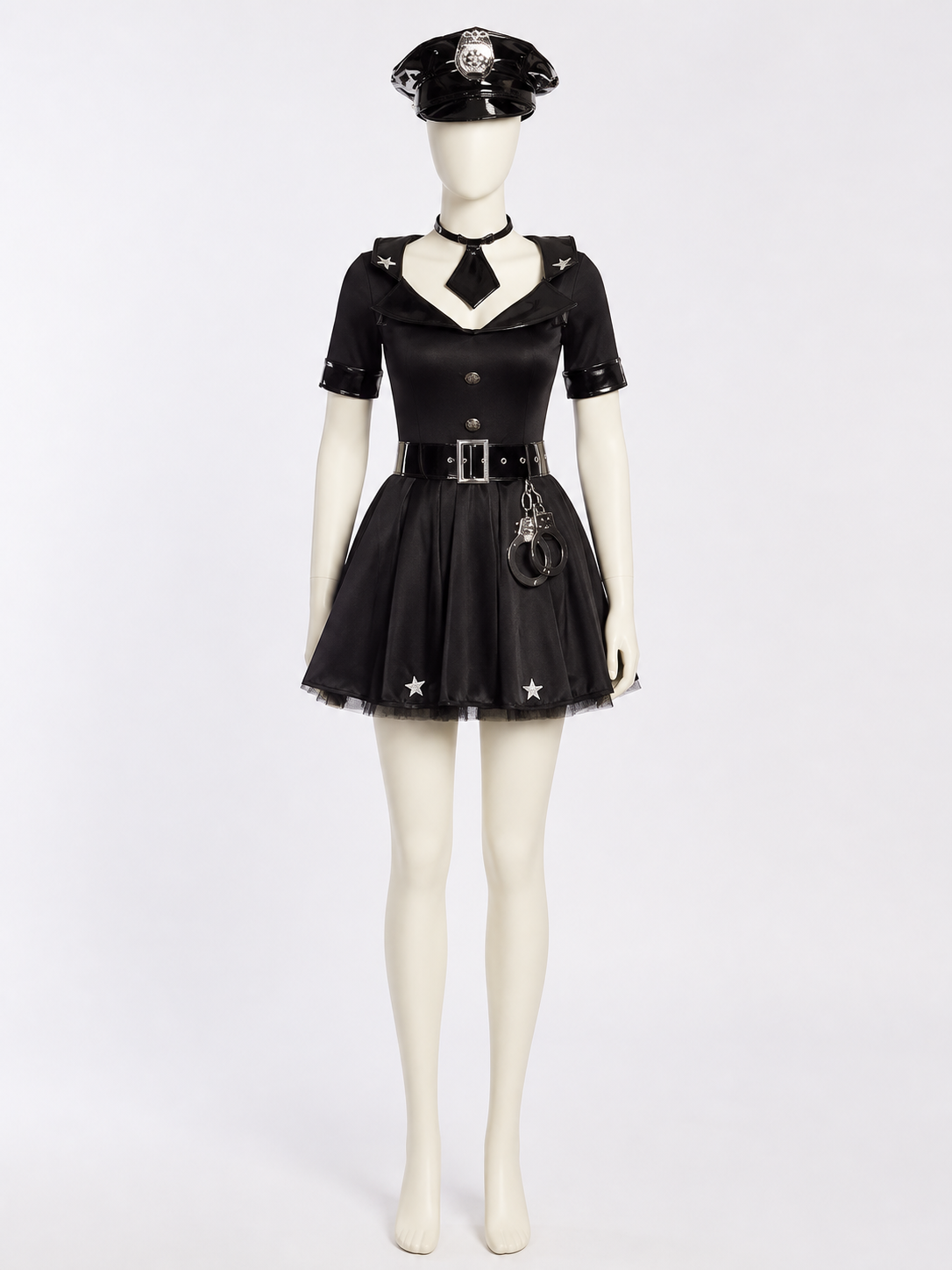 Women's Sexy Police Officer Costume Dress, Short Star Print with Hat and Belt back view