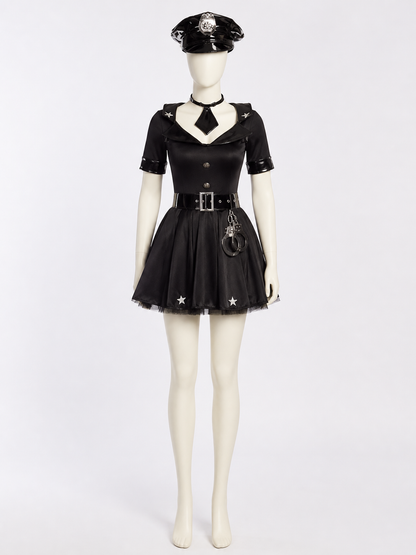 Women's Sexy Police Officer Costume Dress, Short Star Print with Hat and Belt back view