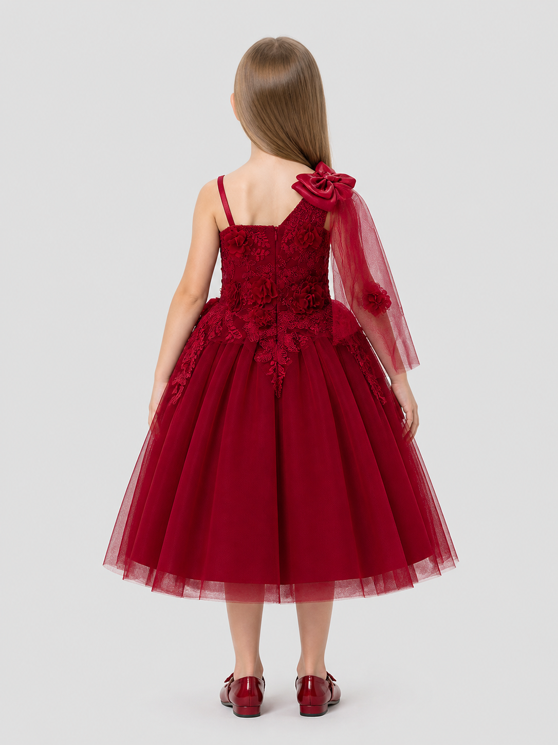 Full-Skirt Dress with Lace Bodice and Roses, Burgundy back view