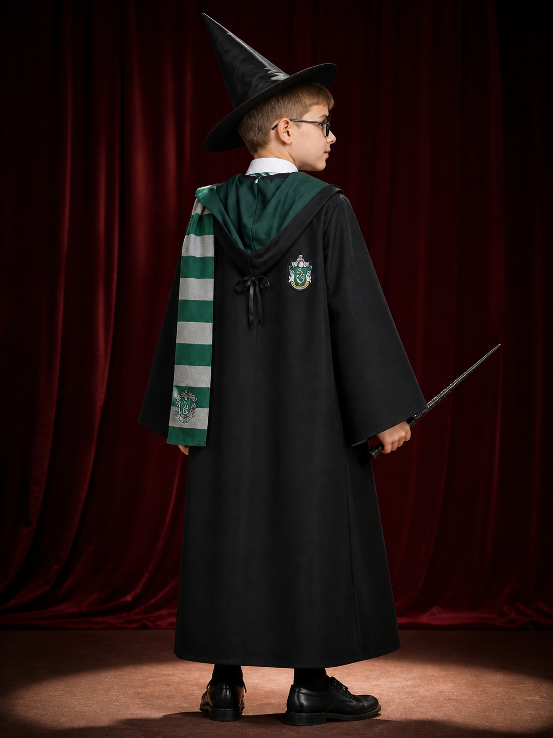Green and Black Wizard Robe Costume Set with Hooded Cloak, Tie, Scarf, Pointed back view