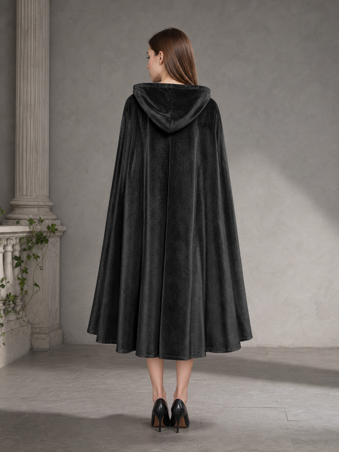 Medieval Warrior Halloween Hooded Cape Costume, 1-Piece Long Black Cloak With Brown Neck Buckle For Cosplay Performance