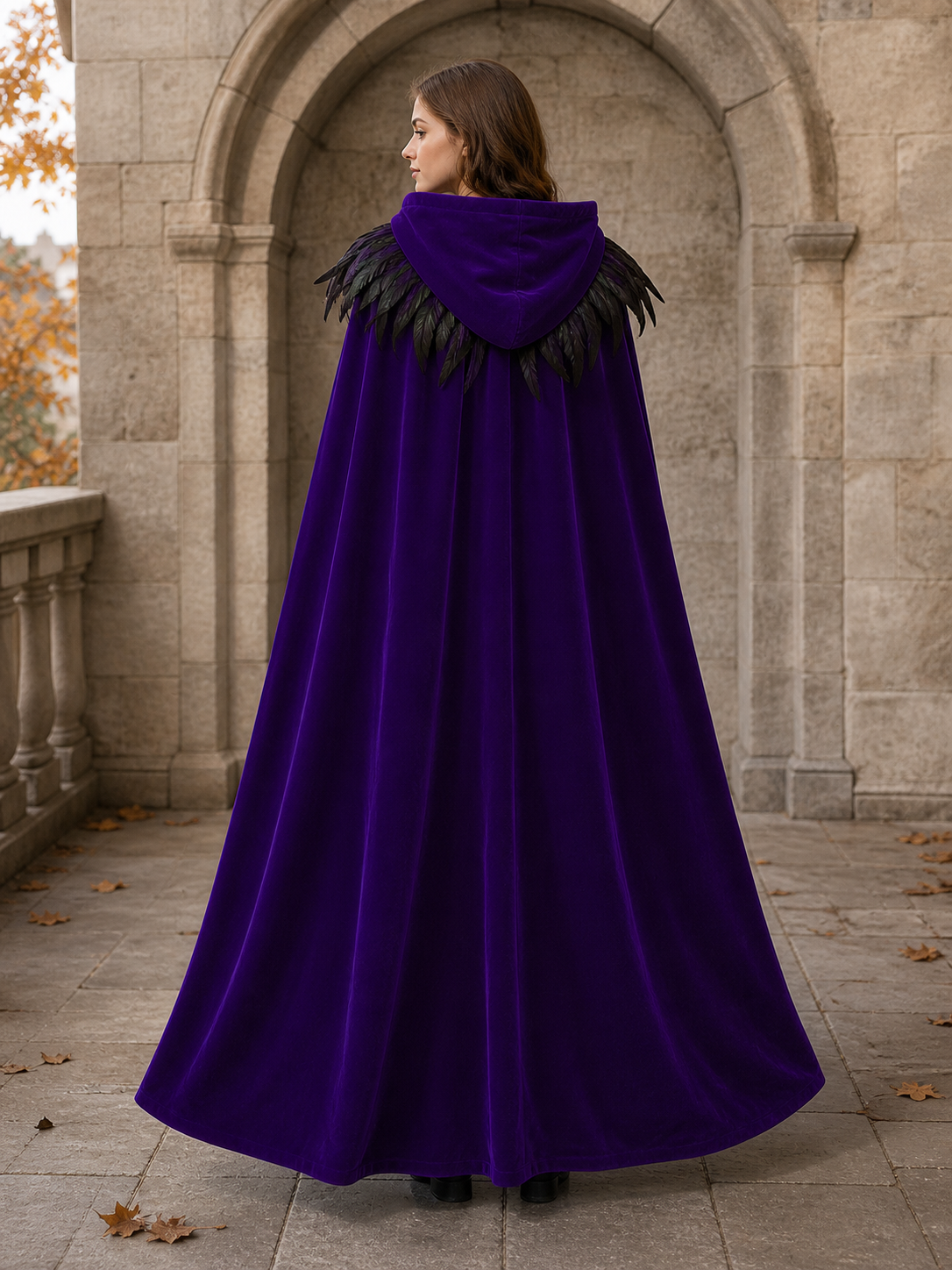 Purple hooded feather-trimmed velvet cape product view 28