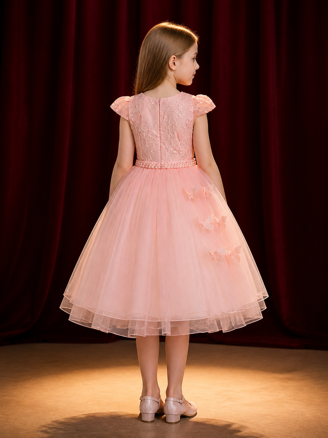 Baby Girls' Pink Princess Formal Dress, Short Sleeves, Layered Tulle Skirt, Bow back view