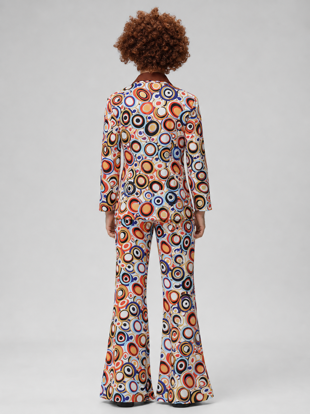 Retro Two-Piece Suit with Colorful Circles and Flared Pants