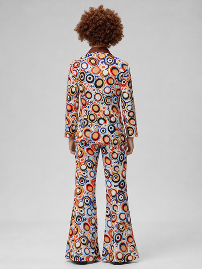 Retro Two-Piece Suit with Colorful Circles and Flared Pants