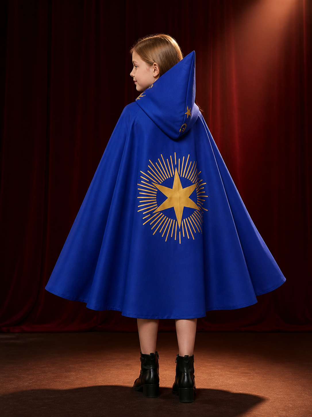 Kids Wizard Cape and Pointed Hat Costume Set, Blue with Gold Star Patterns back view