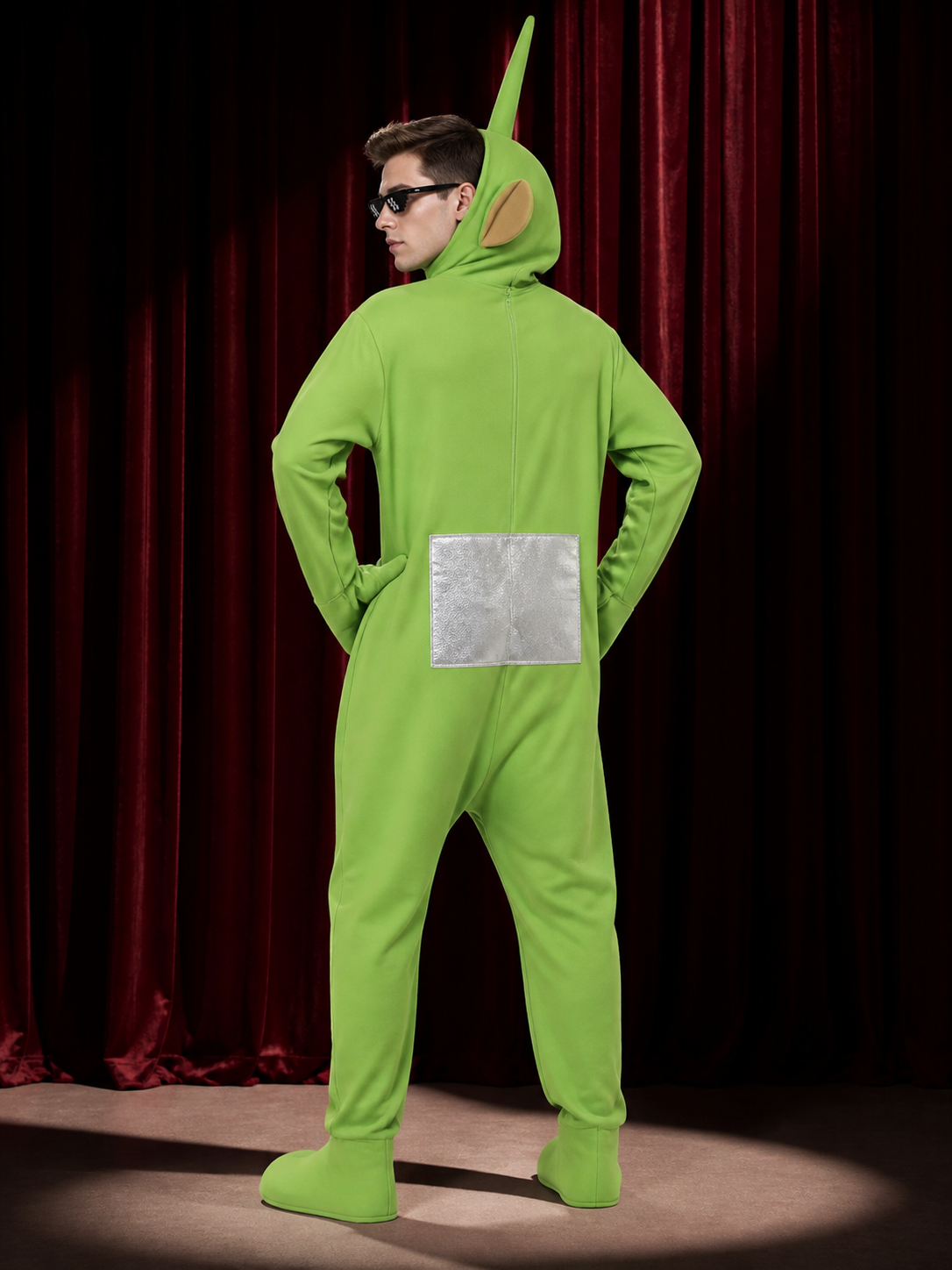 Adult Unisex Green Hooded Character Onesie Costume with Antenna, Pixel Glasses &