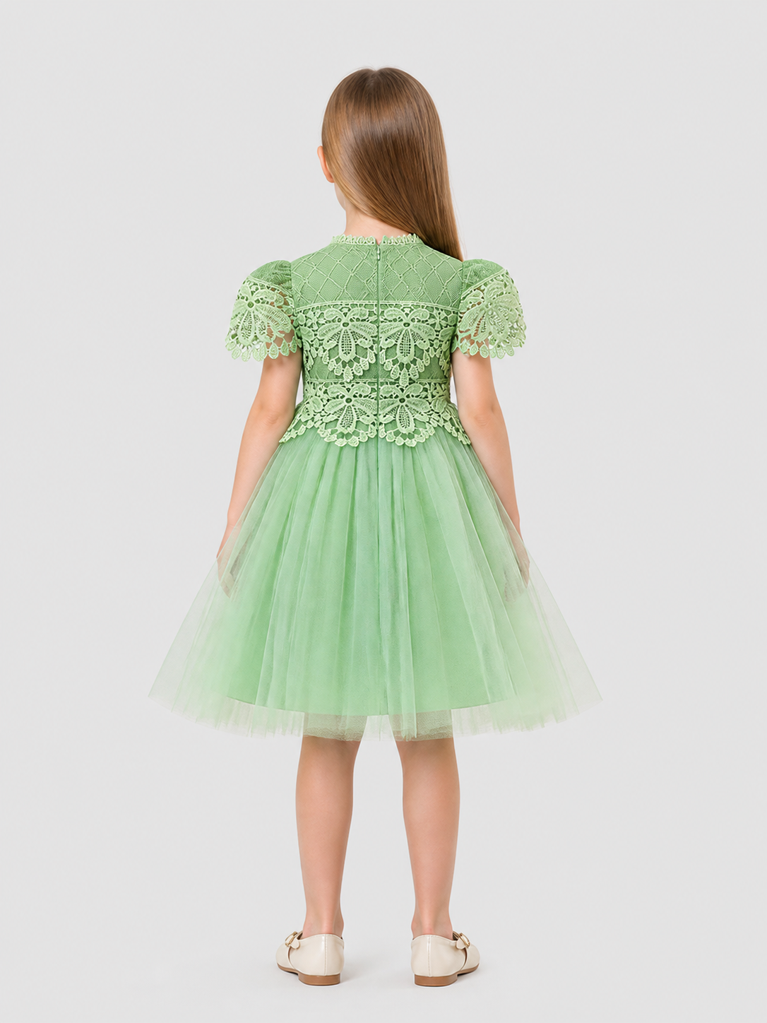 Dressy Girls' Dress with Lace and Full Tulle Skirt back view