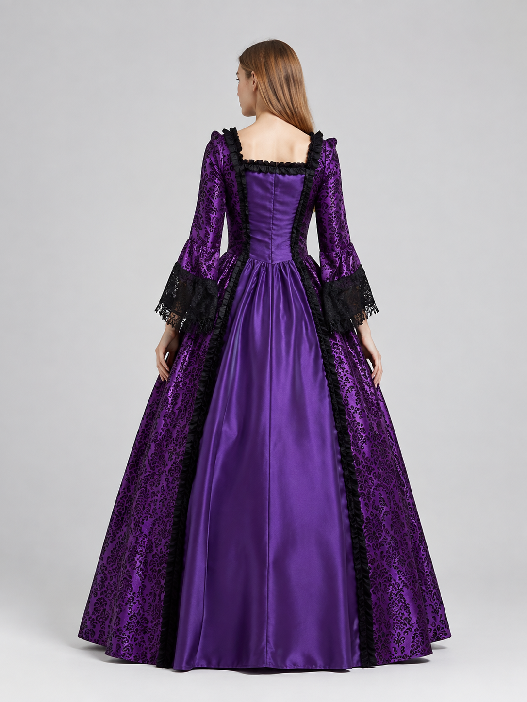 Purple Floor-Length Dress with a Full Flared Skirt back view