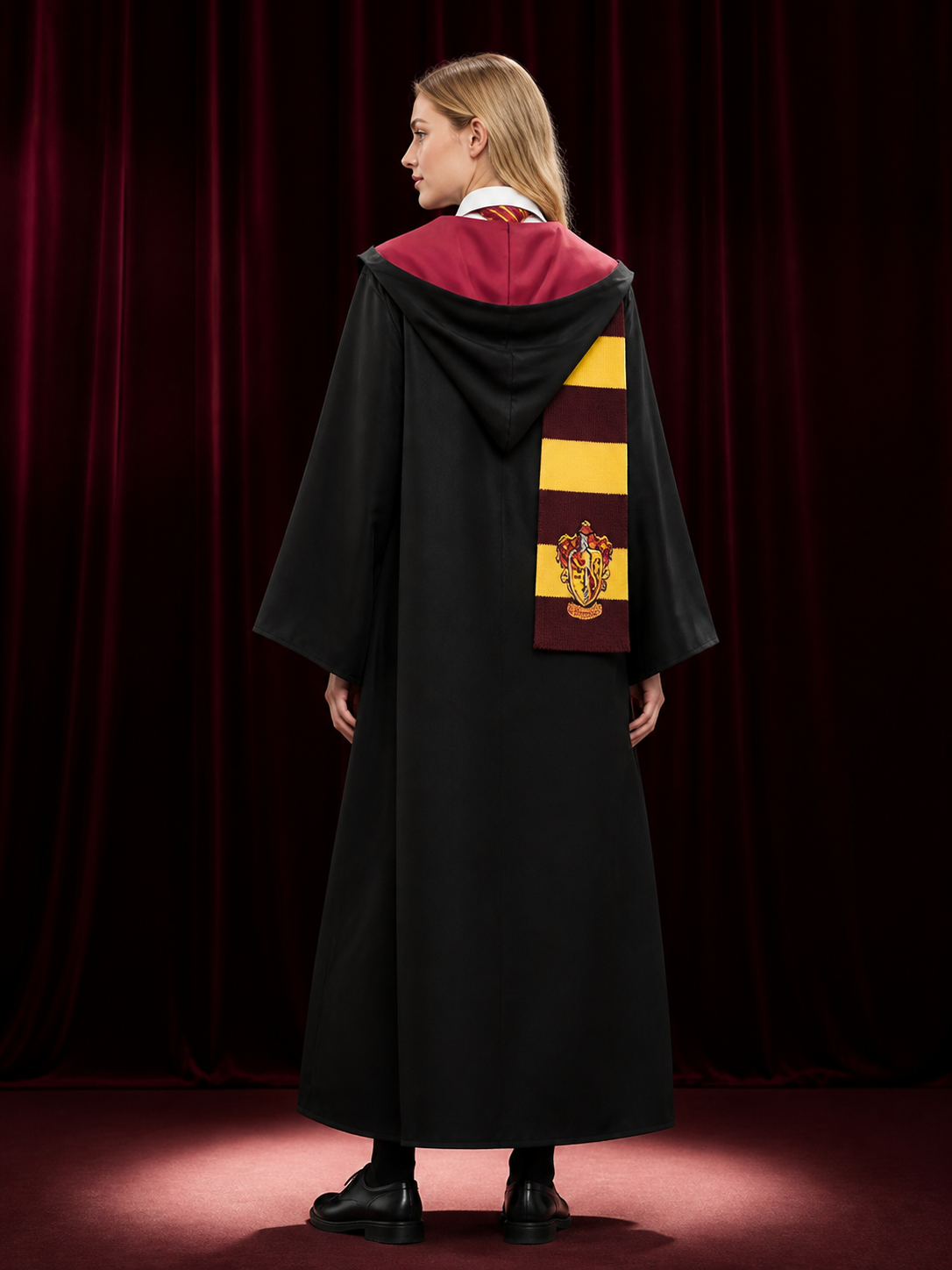 Gryffindor Wizard Robe Costume Set, Hooded Cloak With Tie And Scarf back view
