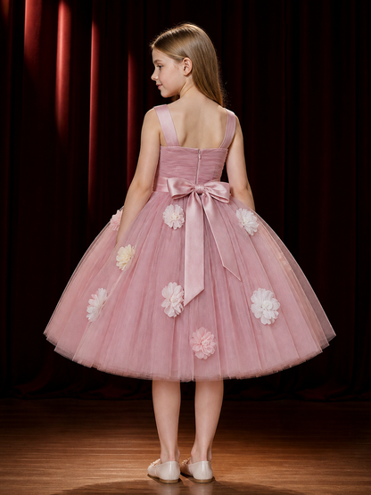 Girls' Pink Princess Party Dress, Layered Tulle Skirt With Floral Details back view