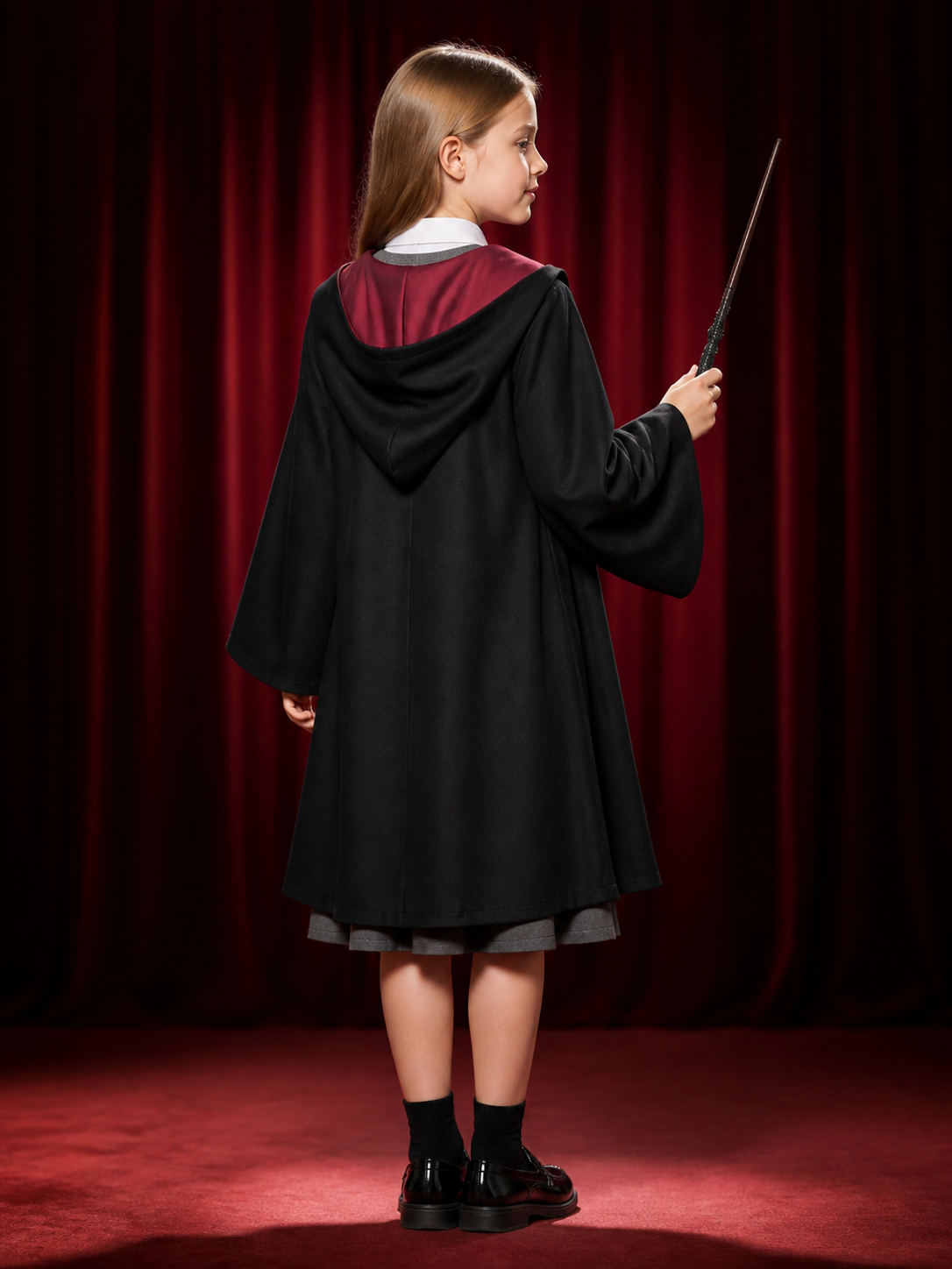 Kids' Wizard Halloween Costume Set with Hooded Robe, Vest, Skirt and Wand back view