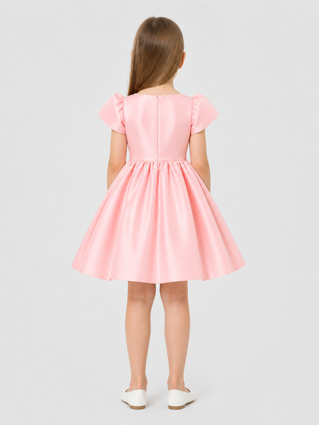 Festive princess dress with a full skirt and sleeves back view