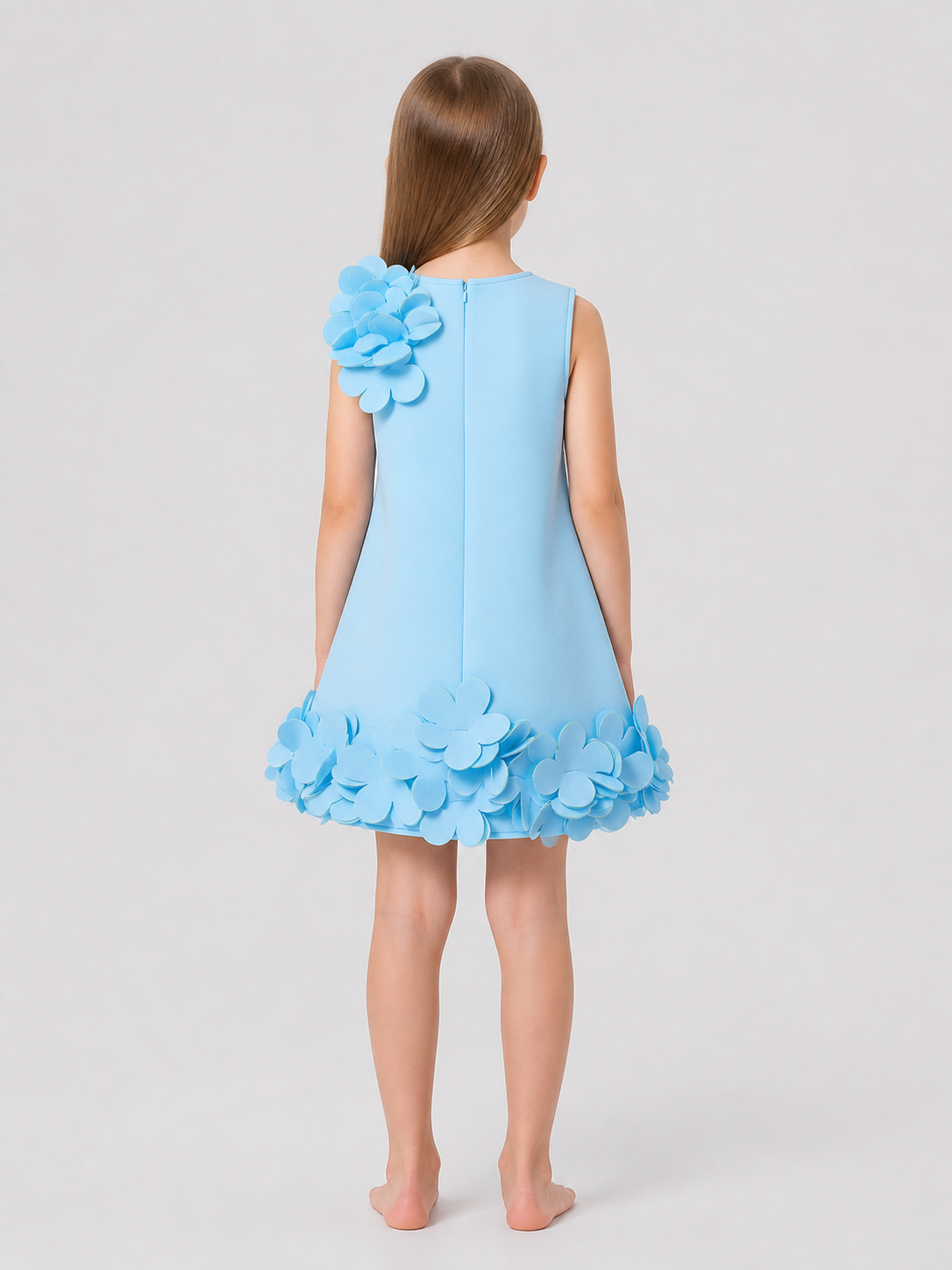 Girls' Light Blue Formal Dress with Dimensional Flowers back view