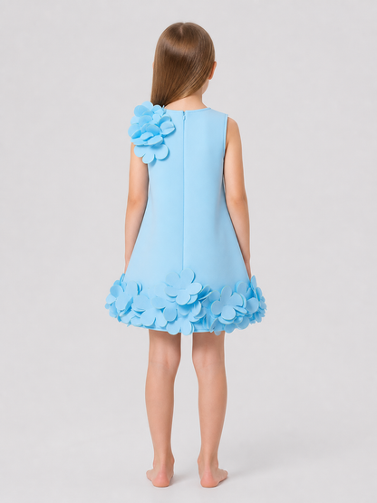 Girls' Light Blue Formal Dress with Dimensional Flowers back view