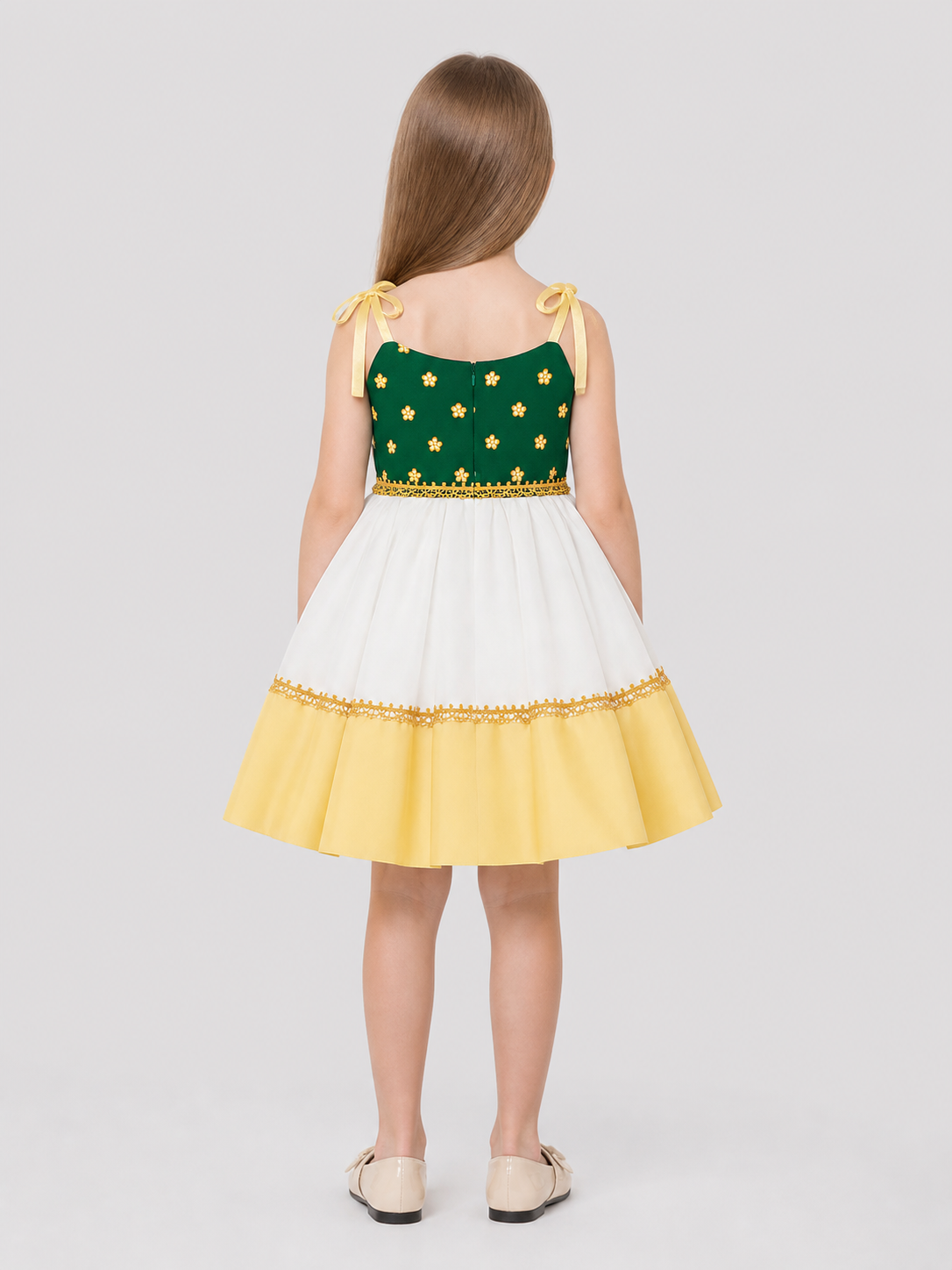 Festive Dress with Floral Print and Full Skirt back view