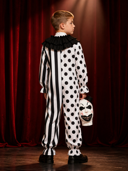 Clown Jumpsuit Costume Set with Mask and Hat, Polka Dot Striped Halloween Outfit back view