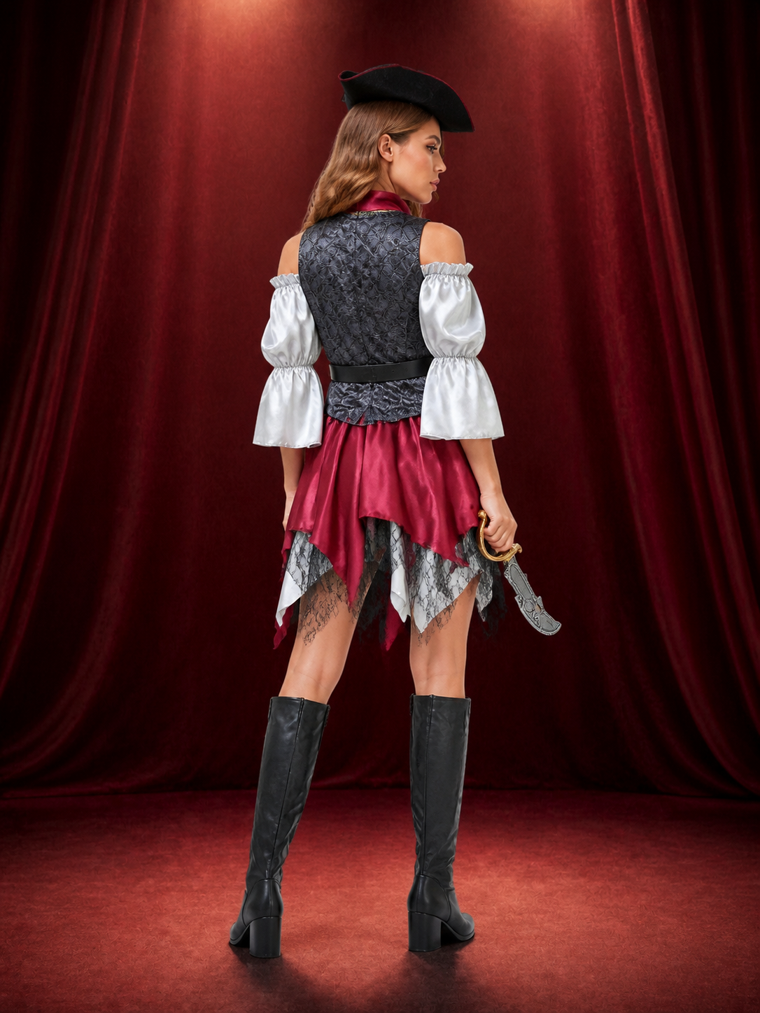 Women's Pirate Costume Set with Asymmetric Skirt, Lace Trim & Tricorn Hat back view