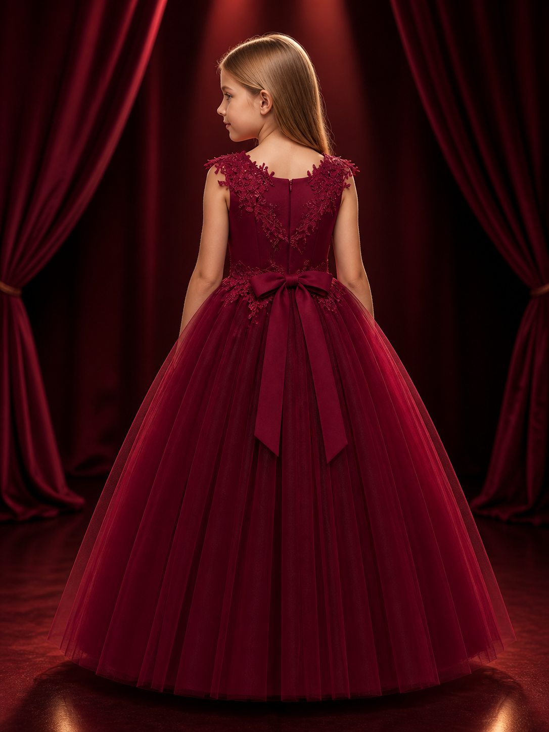 Girls' Burgundy Flower Girl Princess Dress, Sleeveless Floral Lace Gown back view