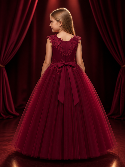 Girls' Burgundy Flower Girl Princess Dress, Sleeveless Floral Lace Gown back view