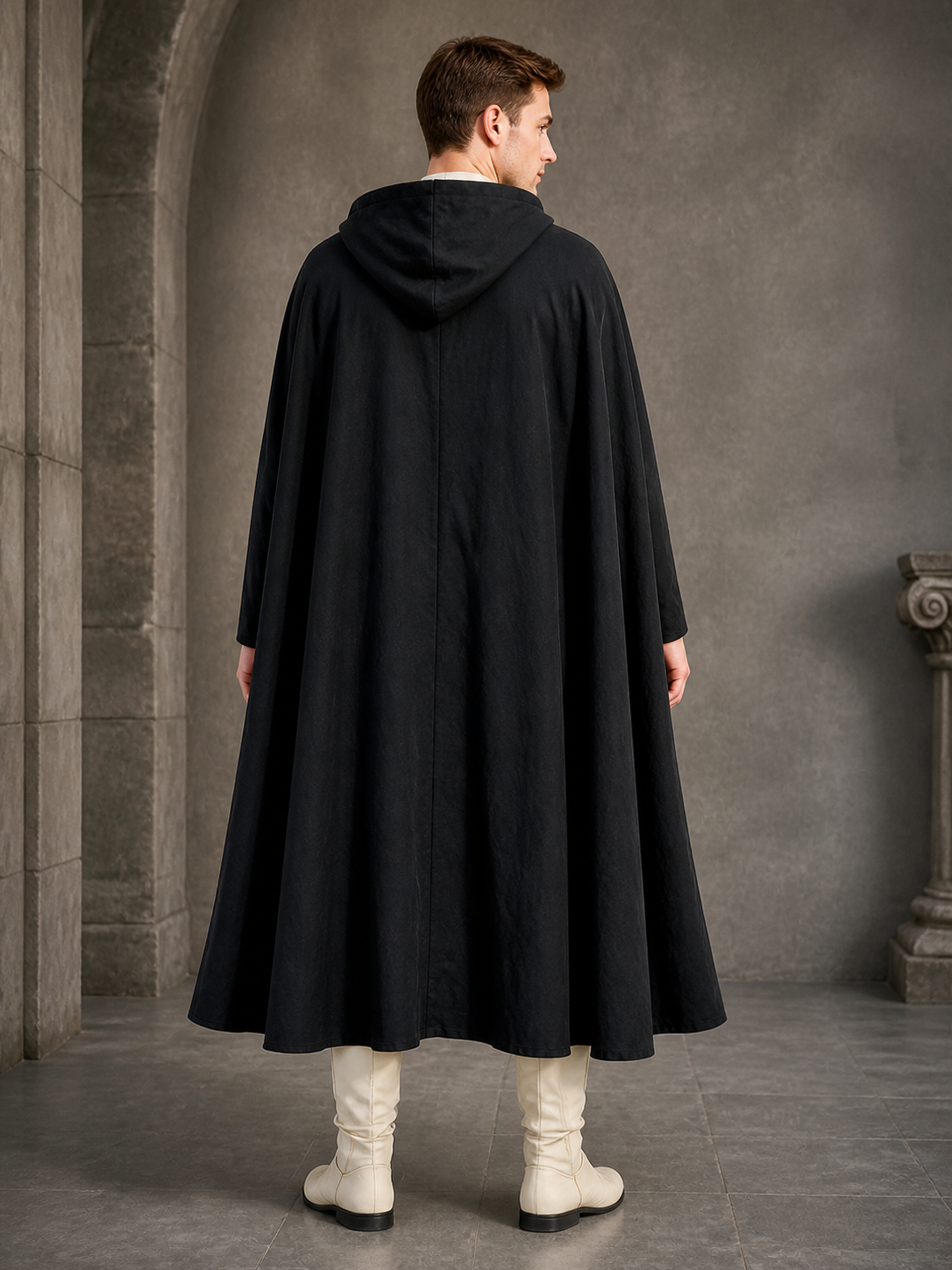 Black Long Hooded Cotton-Linen Cloak back view 8