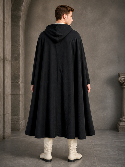 Black Long Hooded Cotton-Linen Cloak back view 8