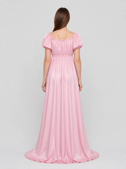 Pink Long Bridgerton Ball Gown with Puff Sleeves back view