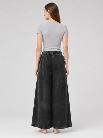 Black wide-leg denim pants with drawstring