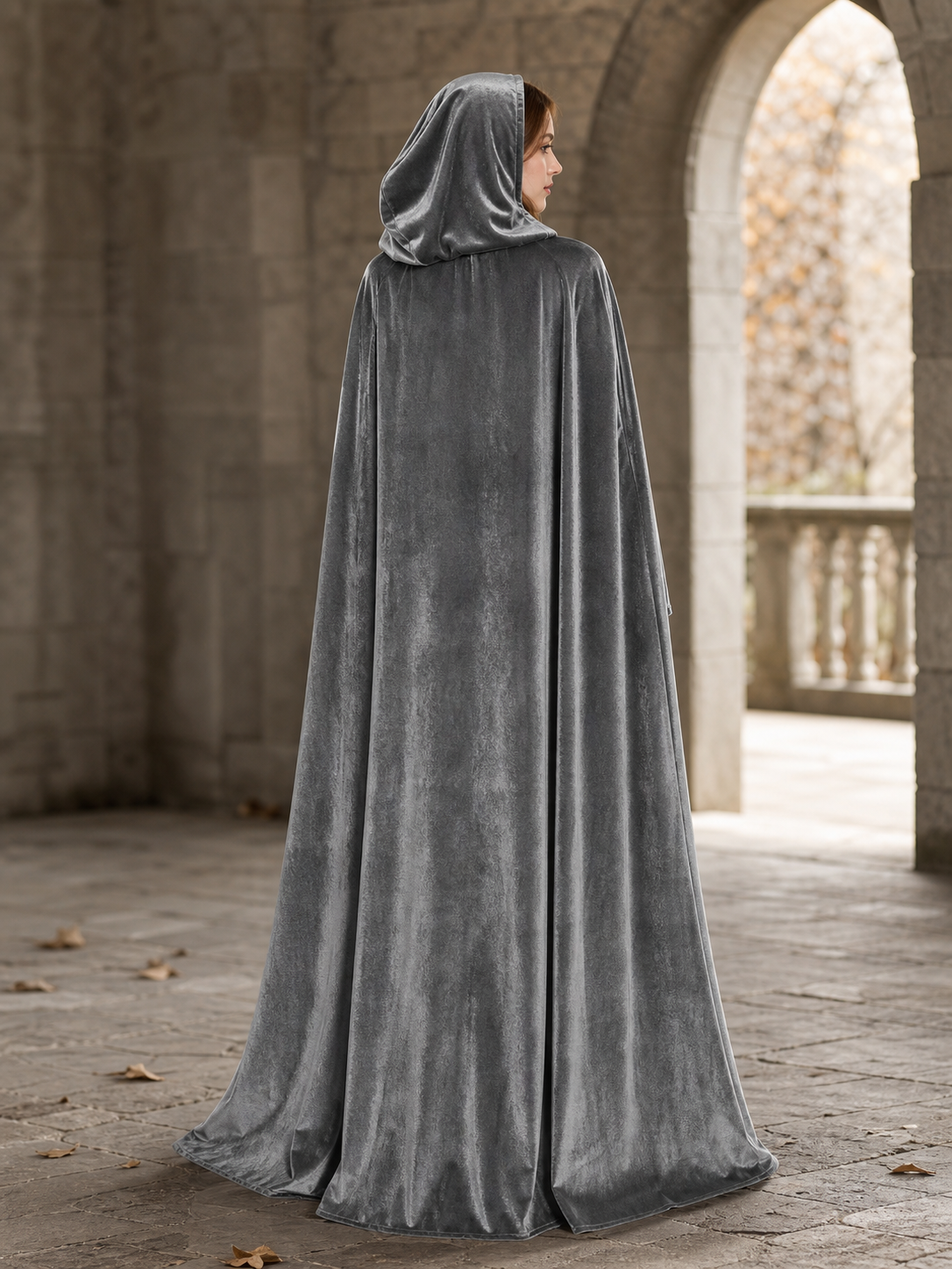 Gray Hooded Long Costume Cape