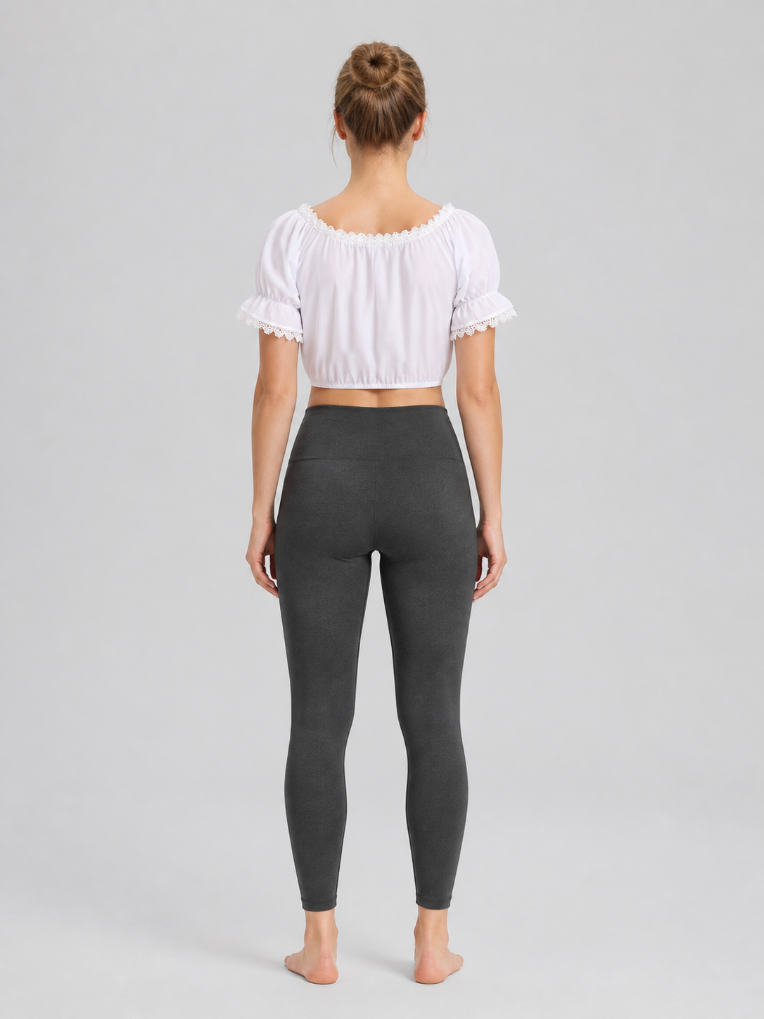 White Cropped Top with Puff Sleeves and Lace back view