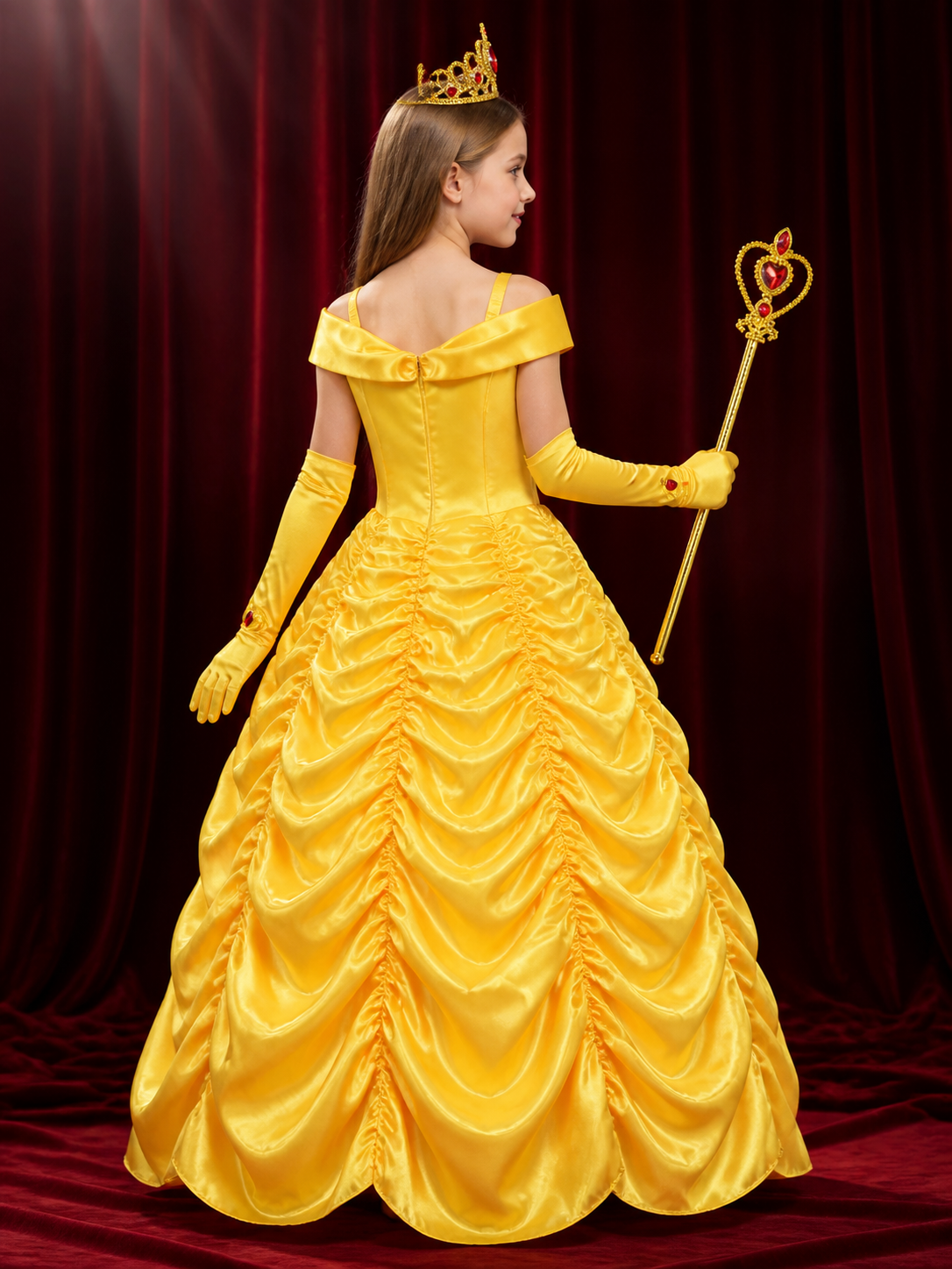 Kids Belle Princess Costume Dress Set with Crown, Gloves and Heart Wand back view