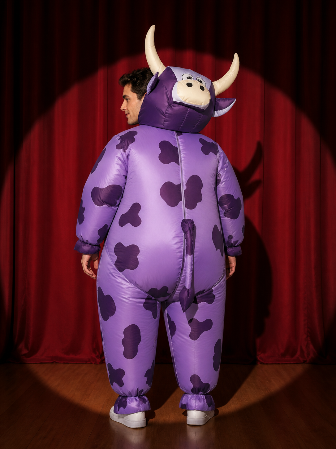 Purple Cow Onesie Costume, Hooded Animal Jumpsuit with Horns for Halloween back view