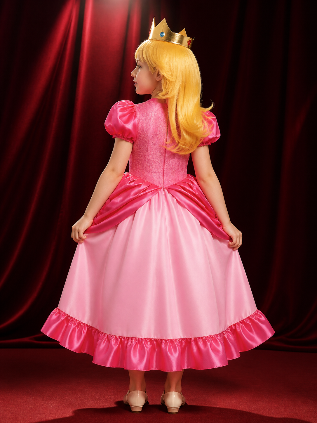 Kids Girls Pink Princess Costume Dress with Crown & Wig, Lace Ball Gown for