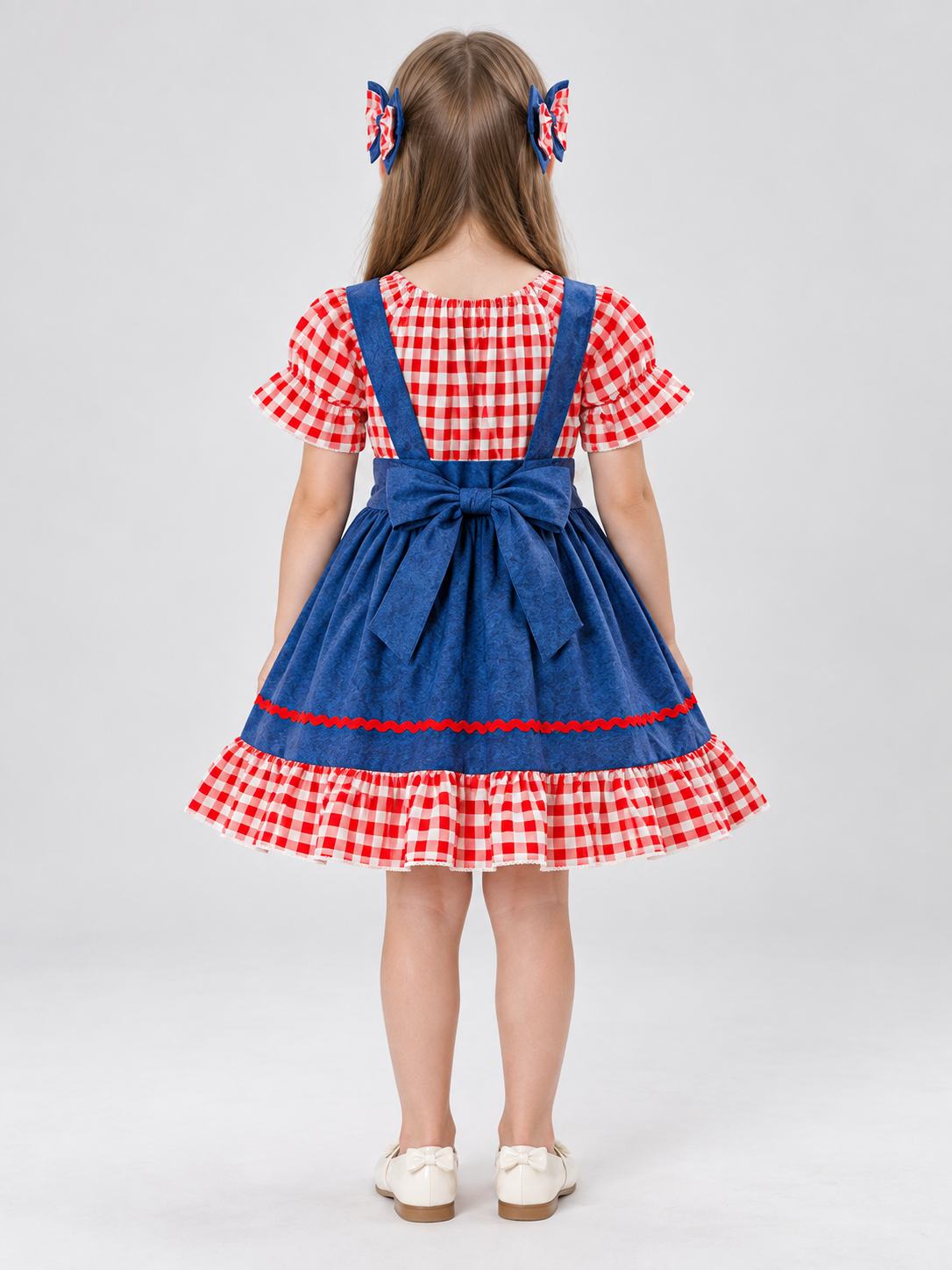 Red Plaid Girls Dress with Bows and Ruffles
