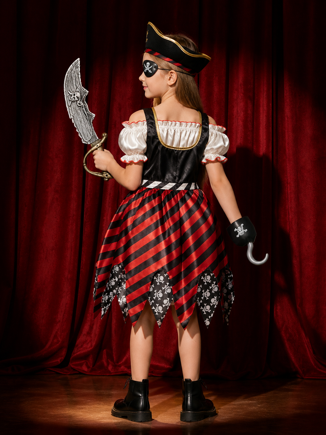 Kids Pirate Costume Set - Dress with Hat, Sword, Eyepatch and Hook Halloween back view